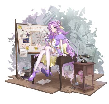 absurdly_long_hair absurdres ahoge akechi_anna analog_clock antique_phone artist_name ayesha618 blue_hair book book_stack bow bowtie bulletin_board buttons capelet clock collared_shirt commentary_request cure_answer cure_mystique curtained_hair desk double-breasted double_bun full_body gloves hair_bun hair_intakes hair_ornament heart-shaped_gem highres holding holding_magnifying_glass kobayashi_mikuru long_hair magnifying_glass meitantei_precure! neckerchief on_desk phone pink_hair precure purple_bow purple_bowtie purple_capelet purple_eyes purple_hair purple_shoes roman_numeral rotary_phone ruins shirt shoes sidelocks signature sitting smile solo_focus sticky_note stuffed_toy thighhighs very_long_hair waist_bow white_gloves white_thighhighs wing_hair_ornament wooden_floor