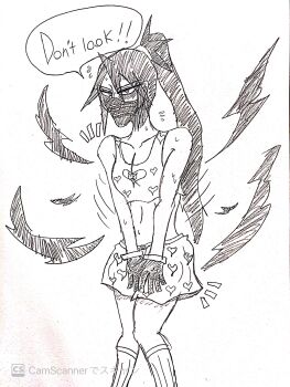 Rule 34 | !, !!, 1girl, absurdres, angry, animal print, armpits, artist request, blush, bodysuit, boxers, breasts, camisole, capcom, cat print, chain, cleavage, collarbone, covering crotch, covering privates, delinquent, embarrassed, emphasis lines, english text, female focus, flying sweatdrops, gloves, heart, heart print, highres, zaki (justice gakuen), humiliation, justice gakuen, knees together feet apart, legs, long hair, looking at viewer, male underwear, mask, medium breasts, midriff, moero! justice gakuen, monochrome, mouth mask, navel, neck, parted bangs, ponytail, purple eyes, red hair, sidelocks, simple background, socks, speech bubble, standing, sweatdrop, talking, thighs, torn bodysuit, torn clothes, traditional media, tsundere, underwear, underwear only, v-shaped eyebrows, v arms, very long hair, wardrobe malfunction, white background