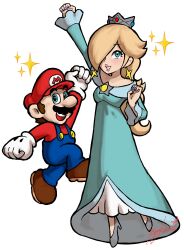 Rule 34 | 1boy, 1girl, arm up, bare shoulders, blonde hair, blue dress, blue eyes, blue overalls, brooch, brown footwear, brown hair, clenched hand, crown, dress, earrings, eyelashes, facial hair, full body, gloves, hair over one eye, hat, high heels, highres, jewelry, jumping, long hair, long sleeves, looking at viewer, mario, mario (series), mustache, nintendo, off-shoulder dress, off shoulder, open mouth, overalls, purple nails, red hat, red shirt, rosalina, shirt, short hair, signature, star (symbol), star brooch, star earrings, teeth, toggy keiichi, upper teeth only, white background, white gloves