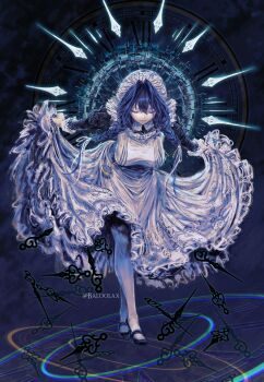 1girl absurdres apron baloolax black_dress blue_hair braid breasts closed_eyes closed_mouth clothes_lift dress dress_lift hair_ribbon highres hololive hololive_english large_breasts long_hair low_twin_braids official_alternate_costume official_alternate_hairstyle ouro_kronii ouro_kronii_(maid) pantyhose ribbon solo twin_braids twitter_username virtual_youtuber white_apron white_pantyhose white_ribbon