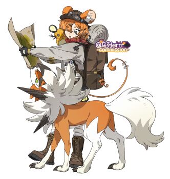 animal_ears animal_hands backpack bag boots brown_boots brown_hat claws dedenne full_body gen_6_pokemon gen_7_pokemon green_eyes grey_eyes grey_jacket hair_ornament hair_over_one_eye hairclip hat highres holding holding_map jacket looking_at_another lycanroc lycanroc_(dusk) map mouse_ears mouse_girl mouse_tail nintendo on_shoulder open_mouth orange_fur orange_hair pokemon pokemon_(creature) pokemon_on_shoulder red_scarf scarf shirt simple_background socks standing tail whiskers white_background white_fur white_shirt white_socks wolf wulie_errr