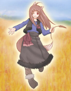 1girl ahoge animal_ears blue_shirt brown_hair brown_shoes closed_mouth commentary_request full_body fur-trimmed_skirt fur_trim grey_skirt grey_vest hanashika holding_wheat holo long_hair looking_at_viewer one_eye_closed open_clothes open_vest red_eyes shirt shoes skirt smile solo spice_and_wolf tail vest wheat_field wolf_ears wolf_girl wolf_tail