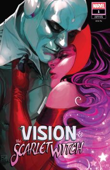 1boy 1girl absurdres avengers_(series) bald black_hair bodysuit character_name closed_eyes clothing_cutout colored_skin comic_cover company_name copyright_logo copyright_name couple cover cover_page dress english_text gloves gradient_hair hetero highres husband_and_wife logo long_hair marvel multicolored_hair muscular muscular_male official_art pink_hair profile purple_hair red_dress red_tiara scarlet_witch shoulder_cutout star_(symbol) stephanie_hans superhero_costume vision_(marvel) wanda_maximoff western_comics_(style) white_bodysuit white_skin white_vision