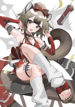 1girl animal_ears armpits azur_lane breasts cleavage grey_eyes grey_hair hands_up high_ponytail highres kunai leg_warmers medium_breasts medium_hair mole mole_under_eye ninja open_mouth ponytail raccoon_ears raccoon_girl raccoon_tail scroll shian-chu shuriken simple_background sitting solo taekaze_(azur_lane) tail thigh_strap weapon white_background white_leg_warmers