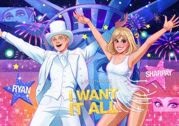 1boy 1girl artist_name blonde_hair blue_eyes brother_and_sister brown_eyes character_name collared_shirt english_text fireworks hat high_school_musical jacket leotard luztapiaart necktie open_clothes open_jacket open_mouth pants ryan_evans sharpay_evans shirt siblings top_hat vest watermark white_hat white_jacket white_leotard white_necktie white_pants white_shirt white_vest