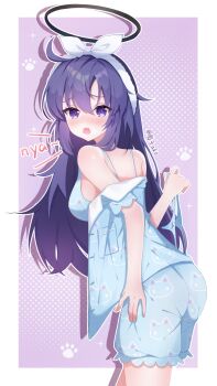 Rule 34 | 1girl, blue archive, blue bra, blue pajamas, blue panties, blue shorts, blush, bra, commentary request, hair between eyes, hair ribbon, hairband, halo, highres, holding, holding panties, holding underwear, holding unworn clothes, long hair, looking at viewer, mechanical halo, open mouth, pajamas, panties, purple eyes, purple hair, ribbon, shorts, solo, underwear, white hairband, white ribbon, yuanzi ako, yuuka (blue archive), yuuka (pajamas) (blue archive)