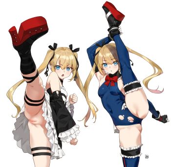 2girls absurdres ankle_boots bare_shoulders black_footwear black_ribbon blonde_hair blue_eyes blue_legwear blue_leotard blush boots bow breasts cleft_of_venus dead_or_alive dead_or_alive_5 detached_sleeves dress dual_persona frilled_leotard frills hair_ornament hair_ribbon high_kick highres kicking knee_boots legs leotard loli long_hair looking_at_viewer marie_rose multiple_girls no_panties nude_filter open_mouth platform_footwear pussy ribbon small_breasts split standing standing_on_one_leg standing_split thighs third-party_edit twintails uncensored yd_(orange_maru)