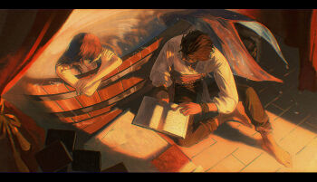 1boy 1girl absurdres alternate_costume alternate_universe barefoot black_pants book breasts claude_von_riegan clothed_male_nude_female dark-skinned_male dark_skin female_byleth_(fire_emblem) fire_emblem fire_emblem:_three_houses highres holding holding_book medium_breasts mermaid mermaid_out_of_environment monster_girl monsterification nintendo nude open_book pants partially_submerged pirate shirt sitting toes water white_shirt zhihaiwusheng