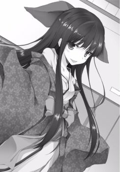 1girl :d bow breasts cleavage commentary_request greyscale hair_bow japanese_clothes kosode light_blush long_hair long_sidelocks looking_at_viewer miko monochrome novel_illustration obi off_shoulder official_art open_mouth rakudai_kishi_no_cavalry saikyou_nene sash sidelocks smile smug solo very_long_hair won_(az_hybrid)