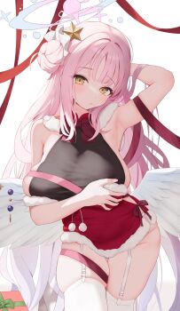 1girl adjusting_clothes arm_behind_head arm_up armpits bare_shoulders blue_archive blush bow bowtie box breasts christmas christmas_present closed_mouth commentary_request dress fur-trimmed_dress fur_trim garter_straps gift gift_box groin hair_bun hair_lift hair_ornament halo halterneck highres large_breasts long_hair long_sleeves low_wings mika_(blue_archive) nail_polish panty_straps pink_hair pink_halo pink_nails pink_ribbon pom_pom_(clothes) red_bow red_bowtie red_dress red_ribbon ribbon saki_(saki_paint) santa_costume santa_dress sideboob sidelocks simple_background single_side_bun skindentation solo standing star_(symbol) star_hair_ornament thighhighs thighs very_long_hair white_background white_thighhighs white_wings wing_ornament wings yellow_eyes