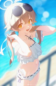 1girl absurdres artist_name beach benpao_de_ruoji bikini blue_archive blurry blurry_background blush breasts brown_hair commentary day eyewear_on_head hair_ornament halo hands_in_own_hair hands_up hifumi_(blue_archive) hifumi_(swimsuit)_(blue_archive) highres long_hair looking_at_viewer low_twintails navel official_alternate_costume open_mouth outdoors railing ribbon-trimmed_bikini ribbon_trim round_eyewear ruffle_bikini side-tie_bikini_bottom small_breasts smile solo sunglasses swimsuit twintails white_bikini white_halo wing_hair_ornament yellow_eyes