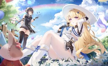 2girls abby_(wuthering_waves) absurdres aida_noa bare_shoulders black_boots black_bow black_gloves black_hair black_thighhighs blonde_hair blue_butterfly blue_sky blurry blurry_foreground boots bow breasts bug butterfly cleavage_cutout closed_mouth clothing_cutout commentary cross-laced_clothes cross-laced_dress day dress female_rover_(wuthering_waves) gloves hair_bow hair_ornament hair_ribbon hand_up hat highres insect large_breasts long_hair long_sleeves looking_at_animal looking_at_viewer medium_breasts multiple_girls nimbus_wraith_(wuthering_waves) outdoors pantyhose parted_lips pelvic_curtain phoebe_(wuthering_waves) pouch purple_eyes rainbow ribbon rover_(wuthering_waves) shirt sitting skirt sky sleeveless sleeveless_dress smile tacet_discord_(wuthering_waves) thigh_boots thighhighs thighhighs_under_boots thighs very_long_hair white_boots white_hat white_pantyhose white_shirt white_skirt wuthering_waves x_hair_ornament yellow_eyes yellow_ribbon