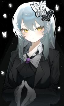 Rule 34 | 1girl, alternate costume, angela (project moon), black butterfly, black coat, black vest, blue hair, blush, brooch, bug, butterfly, check costume, coat, collared shirt, double-parted bangs, e.g.o (project moon), expressionless, frills, gloves, hair between eyes, highres, insect, jewelry, library of ruina, light particles, long sidelocks, looking at viewer, orara 10, project moon, shirt, sidelocks, solemn lament (e.g.o), solo, steepled fingers, vest, white butterfly, white gloves, white shirt, yellow eyes