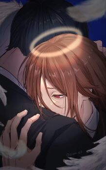 2boys angel angel_devil_(chainsaw_man) angel_wings azm_e3 black_jacket blue_background chainsaw_man commentary_request falling_feathers feathered_wings feathers halo hand_on_another's_head hayakawa_aki highres hug jacket long_hair male_focus multiple_boys red_eyes short_hair simple_background suit_jacket twitter_username white_wings wings