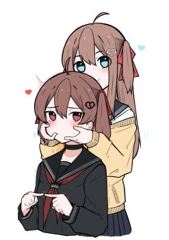 Rule 34 | 109kpm, 2girls, absurdres, ahoge, black sailor collar, black serafuku, black skirt, blue eyes, bow, bowtie, broken heart, broken heart hair ornament, brown hair, cardigan, closed mouth, commentary, cropped torso, evil neuro-sama, finger in another&#039;s mouth, finger touching, from side, hair between eyes, hair ornament, hair ribbon, hashtag-only commentary, heart, heart hair ornament, highres, long hair, long sleeves, looking at viewer, multiple girls, neuro-sama, off-shoulder cardigan, pink ribbon, pleated skirt, red bow, red bowtie, red eyes, red ribbon, ribbon, sailor collar, school uniform, serafuku, siblings, simple background, sisters, skirt, smile, twins, two side up, upper body, vedal ai, virtual youtuber, white background, yellow cardigan