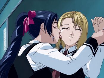 00s 2002 2girls against_wall animated animated_gif bible_black bible_black_gaiden black_board blonde_hair chalkboard classroom closed_eyes drill_hair drill_ponytail forced hair_ribbon kitami_reika kozono_nami licking licking_another's_cheek lipstick makeup multiple_girls necktie ponytail purple_hair ribbon school school_uniform short_hair suspenders tagme yuri
