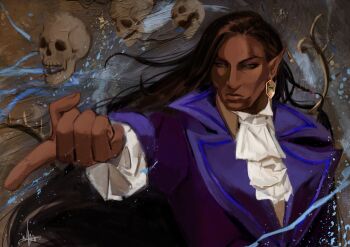 1boy absurdres brown_hair castlevania:_nocturne castlevania_(series) cheekbones dark-skinned_male dark_skin earrings hand_up highres jewelry long_hair looking_ahead male_focus mature_male mysteryratedr olrox pointing pointing_forward pointy_ears pose_request single_earring skull solo upper_body vampire