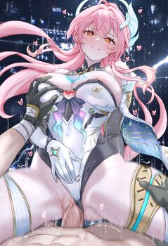 1boy 1girl absurdres aemeath_(wuthering_waves) bar_censor black_gloves blush breasts censored clothed_sex clothing_aside commentary_request cowgirl_position daram_(shappydude) elbow_gloves game_screenshot_background girl_on_top gloves grabbing_another's_breast groping hair_ornament hand_on_own_stomach heart hetero highres korean_commentary large_breasts large_variant_set leotard leotard_aside long_hair looking_at_viewer male_rover_(wuthering_waves) nipples orange_eyes parted_lips penis pink_hair pov pussy rover_(wuthering_waves) screenshot_background sex smile star-shaped_pupils star_(symbol) straddling symbol-shaped_pupils thighs vaginal variant_set white_gloves white_leotard wuthering_waves