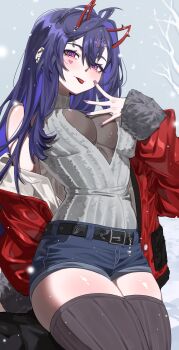 1girl absurdres akar1_akar1 akuma_nihmune bare_shoulders bare_tree belt breasts commentary demon_horns english_commentary facial_mark grey_sweater hair_ornament heart heart_facial_mark heart_hair_ornament highres horns indie_virtual_youtuber jacket large_breasts long_hair looking_at_viewer purple_hair purple_nails red_eyes red_jacket see-through_cleavage see-through_clothes shorts snowing sweater thick_thighs thighhighs thighs tongue tongue_out tree virtual_youtuber