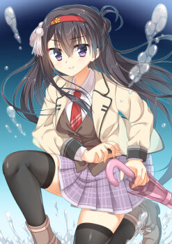 &gt;:) 1girl black_hair black_thighhighs blue_background boots braid breasts brown_boots brown_vest closed_mouth collared_shirt commentary_request eyes_visible_through_hair fighting_stance floating_hair fuyukichi_(nikoniko1567) grey_skirt hair_between_eyes hair_ornament hairband half_up_braid highres holding holding_umbrella hydrokinesis jacket kikka_academy_school_uniform long_hair long_sleeves looking_at_viewer medium_breasts miniskirt necktie nijouin_hazuki on_one_knee open_clothes open_jacket pink_umbrella plaid_clothes plaid_skirt pleated_skirt red_hairband red_necktie riddle_joker school_uniform shirt simple_background skirt smile solo tassel tassel_hair_ornament thighhighs umbrella v-shaped_eyebrows very_long_hair vest water water_drop white_shirt yellow_jacket zettai_ryouiki