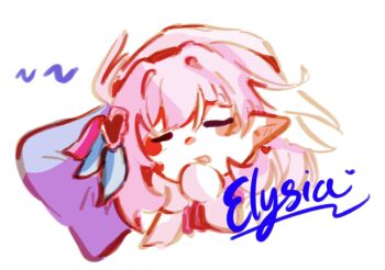 Rule 34 | 1girl, character name, closed eyes, commentary, elysia (hi love elf) (honkai impact), elysia (honkai impact), english commentary, hair ornament, hand up, heart, heart hair ornament, highres, honkai (series), honkai impact 3rd, karetokoi, long hair, pink hair, pointy ears, simple background, solo, white background, zzz
