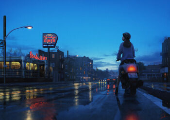 1girl black_hair blue_sky building cat city cloud cloudy_sky diner door evening female_focus from_behind jacket light long_hair md5_mismatch motor_vehicle motorcycle multi-lane_road new_york_city on_motorcycle on_vehicle original outdoors power_lines radio_antenna realistic reflection resolution_mismatch restaurant revision road satellite_dish scenery sky solo source_larger standing street tamaki_(tamaki_illust) united_states utility_pole wet white_jacket window
