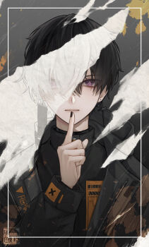 1boy arm_up black_hair black_jacket black_necktie black_shirt border closed_mouth commentary_request cross cross_earrings earrings eyes_visible_through_hair finger_to_mouth hair_between_eyes highres hood hooded_jacket index_finger_raised inset_border jacket jewelry long_sleeves looking_at_viewer luto_gray000 male_focus nail_polish necktie original purple_eyes shirt short_hair shushing solo straight-on turtleneck turtleneck_shirt upper_body white_border