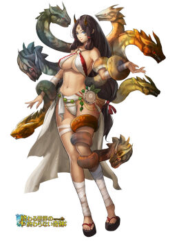 1girl breasts cleavage dragon dragon_girl eastern_dragon female_focus horns huge_breasts long_hair monster_girl multiple_heads narongchai_singhapand panties serpent single_horn solo underwear