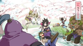 4boys 6+girls :d angel_wings bare_shoulders blue_eyes boat breasts cherry_blossoms chopsticks commentary_request dark-skinned_female dark_skin dress fish_boy fizz_(league_of_legends) flying from_behind fur_trim goggles goggles_on_head hair_over_one_eye hat highres hiyari_(hiyarilol) holding holding_chopsticks jax_(league_of_legends) karma_(league_of_legends) kayle_(league_of_legends) large_breasts league_of_legends lulu_(league_of_legends) lying maokai morgana_(league_of_legends) multiple_boys multiple_girls multiple_wings nail_polish on_back open_mouth outdoors pointy_ears poppy_(league_of_legends) purple_dress purple_nails river seiza siblings sisters sitting smile teemo teeth translation_request tree tristana_(league_of_legends) upper_teeth_only water watercraft white_hair white_wings wings yordle