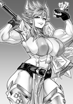 1girl abs absurdres belt biceps breasts commission cowboy_shot ericmartindood fingerless_gloves gloves gradient_background grey_background hands_up highres holding holding_weapon horns large_breasts looking_at_viewer muscular muscular_female navel original revealing_clothes sidelocks signature simple_background smile solo weapon