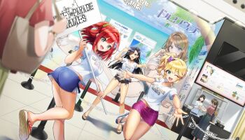 6+girls ass bag black_hair blonde_hair butt_crack butterfly_hair_ornament chuunibyou comiket convention denim denim_shorts dolphin_hair_ornament dolphin_wave game_cg green_scrunchie hair_intakes hair_ornament hair_over_one_eye hair_scrunchie highres holding holding_sign izumi_kiri kurose_minami logo long_hair looking_at_viewer marvelous medium_hair miniskirt multiple_girls navel non-web_source official_alternate_costume official_art one_eye_closed one_side_up ootomo_takuji open_mouth people ponytail poster_(object) purple_streaks red_hair sakimiya_iruka sandals scrunchie senran_kagura shirt shorts sign skirt smile standing standing_on_one_leg suminoe_shion white_shirt