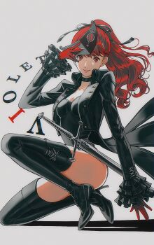 Rule 34 | 0 ebj, 1girl, black choker, black jacket, black leotard, black ribbon, breasts, character name, choker, closed mouth, frilled sleeves, frills, gloves, grey background, hair ribbon, highres, jacket, leotard, lips, long hair, long sleeves, mask, medium breasts, open clothes, open jacket, persona, persona 5, persona 5 the royal, pink lips, ponytail, red eyes, red gloves, red hair, ribbon, simple background, smile, solo, sword, violet (persona 5), weapon, yoshizawa kasumi