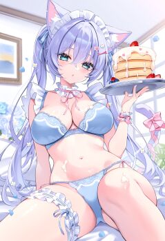 1girl absurdres animal_ears bare_shoulders blue_bra blue_eyes blue_panties bow bra breasts cat_ears cat_girl cat_tail choker cleavage commentary cream_on_body cream_on_breasts eneru_(enepuni) food frilled_bra frilled_choker frilled_thigh_strap frills fruit hair_between_eyes hair_ribbon headdress highres holding holding_tray indoors lace lace-trimmed_bra lace-trimmed_panties lace_trim large_breasts lingerie long_hair looking_at_viewer nail_polish navel original pancake pancake_stack panties parted_lips purple_hair ribbon side-tie_panties sitting solo stomach strawberry string_panties tail tail_bow tail_ornament thigh_strap thighs tray twintails underwear underwear_only very_long_hair wrist_cuffs