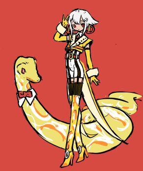 1boy animal boots closed_mouth coattails commentary_request crop_top earrings elbow_gloves full_body gloves hand_up high_heel_boots high_heels highres hoop_earrings jewelry legwear_garter looking_at_viewer male_focus original python red_background red_eyes shima_(wansyon144) short_hair simple_background smile snake solo standing trap white_hair yellow_boots yellow_gloves