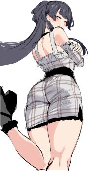 1girl absurdres agetama ass back bare_shoulders black_hair blunt_bangs blush brown_eyes commentary_request dress grey_dress high_heels highres idolmaster idolmaster_shiny_colors long_hair long_sleeves looking_at_viewer looking_back mayuzumi_fuyuko short_dress smile solo two_side_up