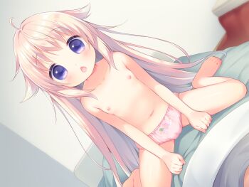 1boy 1girl ahoge barefoot blue_eyes blush cameltoe chestnut_mouth collarbone dutch_angle flat_chest floral_print floral_print_panties front-print_panties full_body game_cg indoors large_variant_set loli long_hair looking_at_viewer navel nipples non-web_source open_mouth panties pink_hair pink_panties print_panties sitting sitting_on_person smile solo_focus suzuka_(yubikiri_konyaku_roriita) topless_female underwear underwear_only usashiro_mani variant_set wariza yubikiri_konyaku_roriita