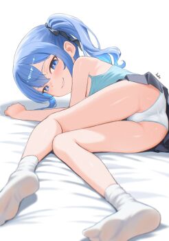1girl absurdres aged_down artist_name black_ribbon black_skirt blue_camisole blue_hair camisole commentary diptip english_commentary feet hair_ribbon highres hololive hoshimachi_suisei loli looking_at_viewer no_shoes on_bed panties ribbon side_ponytail simple_background skirt smile socks soles solo underwear virtual_youtuber white_background white_panties