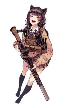 1girl animal_ears black_socks bow bowtie brown_bow brown_bowtie brown_eyes brown_hair brown_skirt bulletproof_vest cardigan cat_ears commentary_request didloaded full_body gun gun_sling highres holding holding_gun holding_weapon looking_at_viewer mole mole_under_eye no_shoes open_mouth plaid_clothes plaid_skirt pleated_skirt rifle school_uniform scope shirt simple_background skirt smile sniper_rifle socks solo suppressor tactical_school_uniform teeth upper_teeth_only vrchat weapon white_background white_shirt yellow_cardigan