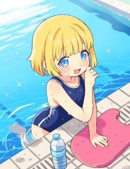 1girl :d assistant-chan_(onyhakase) blonde_hair blue_eyes bottle flat_chest hand_rest kickboard light_blush looking_at_viewer one-piece_swimsuit onyhakase open_mouth original pool poolside school_swimsuit short_hair smile solo swimsuit water water_bottle wet