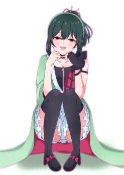 1girl :d black_gloves black_shirt black_shoes black_thighhighs blush breasts cleavage collarbone commentary_request fang fingerless_gloves gloves green_hair green_kimono gu_(soruto) hadanugi_dousa highres itoshiki_yume_yo_izanaite japanese_clothes kimono looking_at_viewer love_live! love_live!_nijigasaki_high_school_idol_club love_live!_nijigasaki_high_school_idol_club_the_movie_-_finale mifune_shioriko open_kimono open_mouth pink_eyes ponytail shirt shoes short_hair sidelocks simple_background single_bare_shoulder single_fingerless_glove single_glove sleeveless sleeveless_shirt smile solo thighhighs white_background