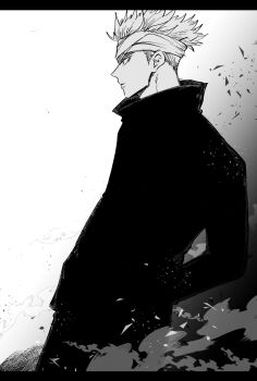 Rule 34 | 1boy, closed mouth, commentary request, dust, from side, gojou satoru, greyscale, hand in pocket, high collar, highres, jujutsu kaisen, jujutsu tech uniform, looking ahead, male focus, monochrome, nay bb, short hair, sideburns, solo, white background