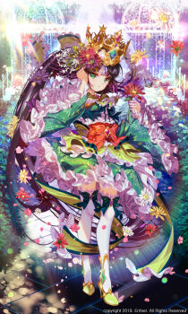 1girl black_hair commission crown dress flower frills full_body green_eyes hair_flower hair_ornament highres kiwikong long_hair looking_at_viewer original sensitive solo standing thighhighs very_long_hair white_thighhighs