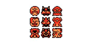 :d animated animated_gif brionne cat closed_mouth commentary creature dartrix decidueye excarabu food fruit furry gen_7_pokemon incineroar litten looking_at_viewer monochrome nintendo open_mouth orange_(fruit) pixel_art pokemon pokemon_(creature) popplio primarina rowlet seal_(animal) smile standing starter_pokemon_trio torracat