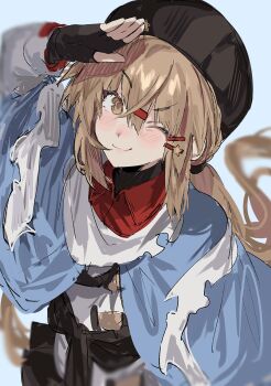 1girl aogisa black_bow black_gloves blue_shawl blurry bow brown_eyes brown_hair commentary_request depth_of_field fingerless_gloves fur_hat gloves hair_ornament hairclip hat highres kantai_collection long_hair low_twintails one_eye_closed papakha red_shirt salute scarf shawl shirt smile solo tashkent_(kancolle) torn_clothes torn_scarf twintails white_scarf