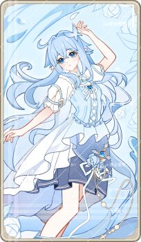 1girl ahoge blue_dress blue_eyes blue_hair blue_theme dress flower genius_invokation_tcg_(style) hair_ornament highres long_hair original pointy_ears rose short_sleeves solo vision_(genshin_impact) watermark white_dress