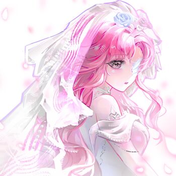 1girl absurdres blue_flower blue_rose bridal_veil bride brown_eyes chinese_commentary choker commentary_request dress elbow_gloves expressionless eyelashes eyepatch eyeshadow flower gloves hair_flower hair_ornament highres infinity_nikki jewel_under_eye lingchensandianban24730 lipstick long_hair long_sidelocks makeup medical_eyepatch nameless_selfless_(infinity_nikki) nikki_(nikki) nikki_(series) off-shoulder_dress off_shoulder official_alternate_color parted_lips pink_eyeshadow pink_flower pink_hair pink_lips pink_rose rose see-through_clothes see-through_veil short_sleeves sidelocks solo teeth upper_body upper_teeth_only veil very_long_hair wavy_hair wedding_dress white_background white_choker white_dress white_flower white_gloves white_rose white_veil