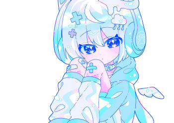 1girl absurdres artist_self-insert bandaid blue_theme cloud_hair_ornament collar commentary detached_wings hair_ornament headphones highres hood hood_down hugging_own_legs leg_warmers looking_at_viewer mukai_nanase nanachi_(7mizzz) original short_hair sitting solo tenshi_kaiwai white_background white_hair white_leg_warmers wings x_hair_ornament