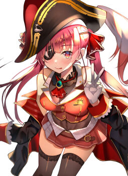 1girl aa44 black_choker black_hat black_jacket black_thighhighs choker closed_mouth cropped_jacket eyepatch frilled_choker frills gloves hair_ribbon hat highres hololive houshou_marine houshou_marine_(1st_costume) jacket leotard leotard_under_clothes long_hair looking_at_viewer pirate_hat red_eyes red_hair red_ribbon red_skirt ribbon skirt sleeveless sleeveless_jacket sleeves_past_fingers sleeves_past_wrists smile solo thighhighs tongue tongue_out twintails virtual_youtuber white_gloves zettai_ryouiki