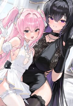 2girls :d absurdres black_dress black_gloves black_hair bow breasts commentary curtains dress elbow_gloves gloves goddess_of_victory:_nikke grey_eyes grin gurami_(zangizarang) hair_bow highres indoors jewelry large_breasts mihara_(nikke) mole mole_under_mouth multiple_girls necklace open_mouth pelvic_curtain photo_(object) pink_hair purple_eyes sideboob small_breasts smile syuen_(nikke) two_side_up wardress_(nikke) white_bow white_dress white_gloves window yuni_(nikke)