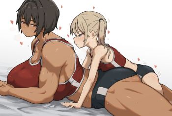 1futa 1girl black_buruma black_hair blue_eyes breasts brown_hair buruma commentary dark-skinned_female dark_skin dated_commentary dry_humping from_side frottage futanari hair_between_eyes heart heavy_breathing huge_breasts humping implied_futanari kei_(m_k) lying m_k on_stomach original red_eyes red_sports_bra rika_(m_k) simple_background size_difference small_breasts smaller_dominant sports_bra sweat tomboy toned track_uniform twintails white_background
